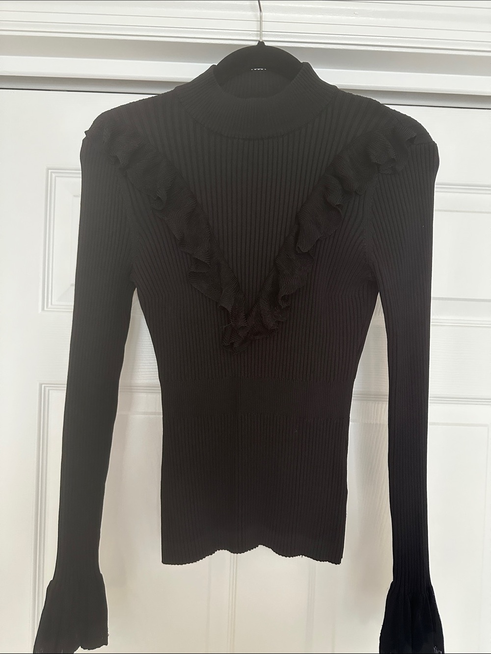 Black Ribbed Mock Neck Top with Ruffle V-Detail